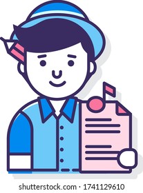 Flat vector icon illustration of songwriter. A male holding lyrics sheet.