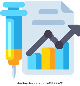 Flat vector icon illustration of a syringe and a graph with arrow pointing upwards. Vaccination statistics concept.
