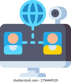 Flat vector icon illustration of two people doing videoconference using computer and webcam. Online meeting concept.