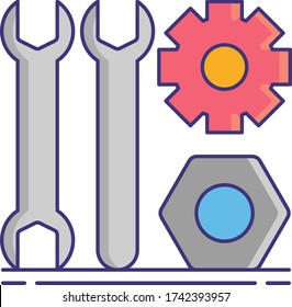 Flat vector icon illustration of wrenches, cogwheel, nut. Scrap metal recycling.
