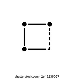 Um ícone de vetor plano de um quadrado implícito com arestas sólidas e tracejadas, apresentando três pontos de canto. Estilo em linha única. Isolado no branco.