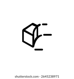 A flat vector icon of an isometric cube outline with an arc cutting its top-left corner, dashes indicating path. Monoline style. Isolated on white.