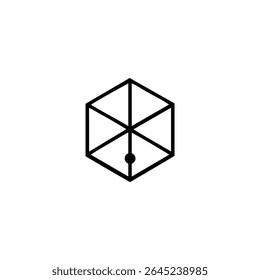 Um ícone de vetor plano de um contorno de cubo isométrico com linhas de sua face frontal central para os pontos médios da borda e um ponto na face inferior. Estilo em linha única.