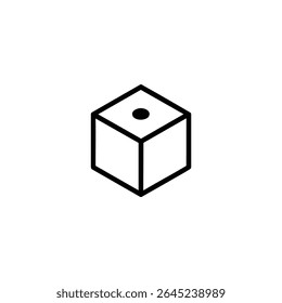 A flat vector icon of an isometric cube outline featuring a single filled black dot on its top face center, black monoline style. Isolated on white.