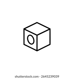 Um ícone vetorial plano de um contorno de cubo isométrico com um buraco circular cortado do seu centro frontal. Estilo em linha única. Isolado no branco.