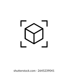 Um ícone de vetor plano de um contorno de cubo isométrico centralizado entre colchetes, simbolizando a digitalização ou seleção. Estilo em linha única. Isolado no branco.