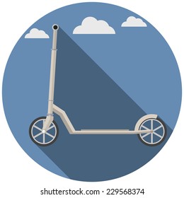Flat vector icon for Kick Scooter. Flat circle vector icon with gray kick scooter on blue sky background.