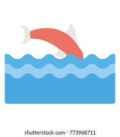 Flat vector icon of  a killer whale diving into an ocean 
