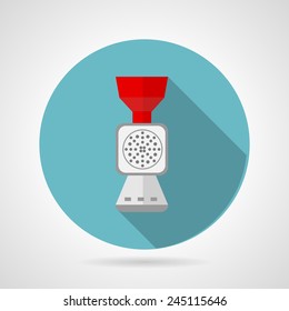 Flat vector icon for kitchen. Mincer. Round blue vector icon for red meat grinder front view with long shadow on gray background.