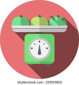 Flat vector icon for kitchen scales with apples. Green scales with white round dial and gray scale-pan with tree green apples, one apple with smile worm. Flat circle colored vector icon long shadow