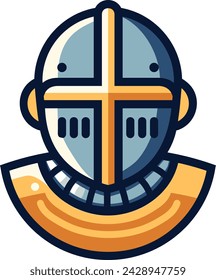 A flat vector icon of a knights helmet in silver and gold tones
