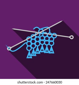 Flat vector icon for knitting with gray needles and blue yarn on purple background. Long shadow design.