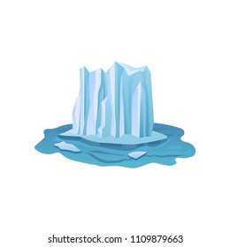Flat vector icon of large ice mountain floating in pure blue water. Northern scenery with iceberg. Travel or environment theme