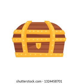 Flat vector icon of locked wooden chest with golden stripes and keyhole. Large trunk for storage treasures