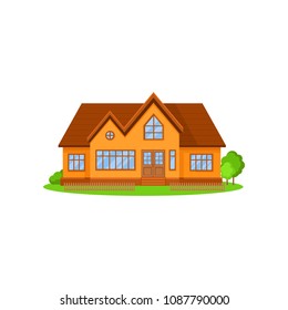 Flat vector icon of lovely two-storey house with wooden roof. Little fence, green trees and bushes on front yard. Residential cottage