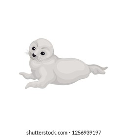 Flat vector icon of lovely white seal pup lying isolated on white background. Mammal of Arctic ocean. Marine animal