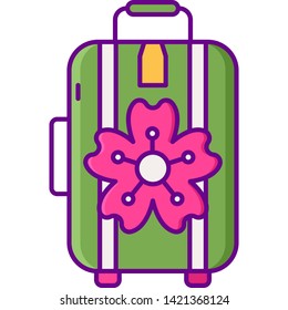 Flat vector icon of luggage with flower symbol. Sakura tour package concept illustration.