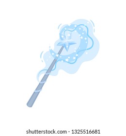 Flat vector icon of magic wand with blue star and bright sparkles. Stick with magical power. Witchcraft theme
