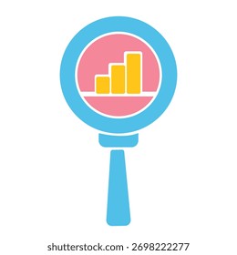 Flat vector icon of magnifying glass with chart symbolizing business analytics, data research, financial growth, and performance insight. Perfect for web, app, marketing, and infographic design.
