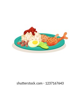 Flat vector icon of Malaysian nasi lemak. Rice with chicken legs, boiled egg, peanuts and cucumber. Tasty dish
