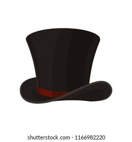 Flat vector icon of male cylinder top hat. Broad-brimmed black hat with red ribbon. Stylish men accessory