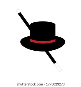 Flat vector icon of male cylinder top hat and cane