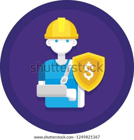 Flat vector icon of man with arm sling and shield sign, accident compensation concept illustration