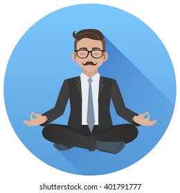 Flat vector icon of man doing office yoga. Calm and relax in the middle of a work day. Businessman meditating in lotus pose.