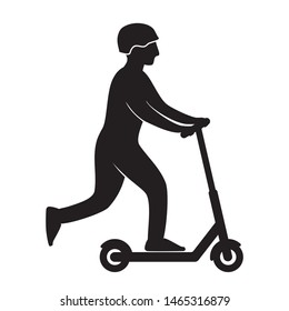 Flat vector icon of a man riding on an electric kick scooter with open face helmet