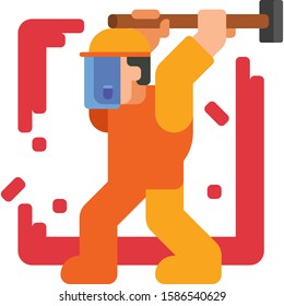 Flat vector icon of man smashing with sledgehammer. Rage room concept illustration.