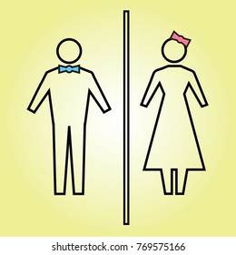 Flat vector: icon of a man and a woman on a yellow background. Isolated toilet sign WC. Figures with thick black outline, inside are empty. Gentleman in blue butterfly, lady with pink bow on her head.