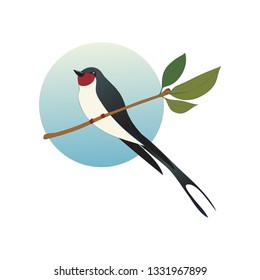 Flat vector icon of martlet sitting on branch with green leaves in circle shape background. Wild bird