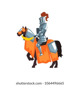 Flat vector icon of medieval knight on horseback. Guardian of the kingdom. Royal warrior wearing shiny iron armor and helmet with feather