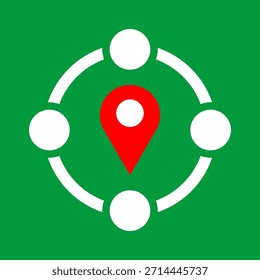 Icono de Vector plano de un pin de ubicación de punto de encuentro rodeado de símbolos de personas conectadas, que representan el punto de encuentro, la coordinación, la navegación, el trabajo en equipo y el concepto de red social.
