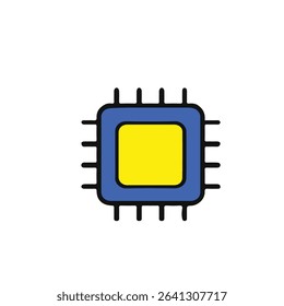 Flat vector icon of a microchip with a core and casing. Symbolizes processors, semiconductors, electronics, computing power, hardware design, or IoT devices.
