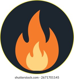 Flat vector icon, minimalist design, flame symbol inside a circle, bold solid colors