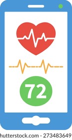 Flat vector icon of mobile health application showing heart rate monitoring, ECG waveform, and pulse status on smartphone screen. Clean modern telehealth and fitness tracker interface design on white background.