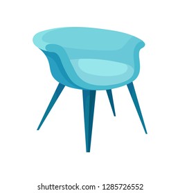 Flat vector icon of modern bright blue armchair with long legs. Stylish cushioned furniture. Comfortable soft chair