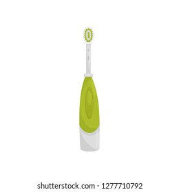 Flat vector icon of modern electric toothbrush with green button. Personal item. Hygiene and teeth care theme