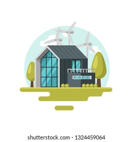 Flat vector icon with modern living house, wind turbines, green trees and bushes. Eco-friendly residential building