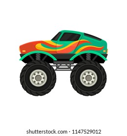 Flat vector icon of monster truck with large tires and black tinted windows. Extreme transport. Heavy green car with flame decal