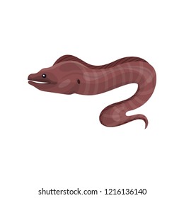 Flat vector icon of moray eel. Predatory fish with long body. Marine creature. Aquatic animal. Sea and ocean life theme