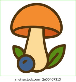 Flat vector icon of a mushroom with an orange cap and pale stem, paired with a single blueberry at its base, in bold outline.

