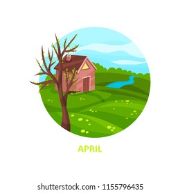 Flat vector icon of nature landscape with small house, blooming tree, green meadow, river. April month. Spring season