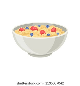 Flat vector icon of oatmeal porridge or rice with blueberry and strawberry in ceramic bowl. Delicious and healthy food for breakfast