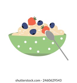 Flat vector icon of oatmeal porridge or rice with blueberry and strawberry in ceramic bowl. Delicious and healthy food for breakfast