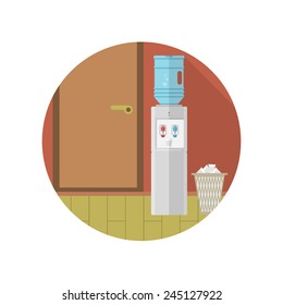 Flat vector icon for office interior. Gray water cooler and paper trash can near the door in room with brown wall. Colored round flat vector icon with long shadow for office.