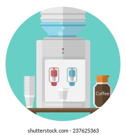 Flat vector icon for office. Water cooler. Gray water cooler, jar with coffee and stack of disposable plastic cups. Flat vector icon on white background - Shutterstock ID 237625363