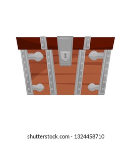 Flat vector icon of old brown wooden chest with metal stripes and keyhole. Storage box