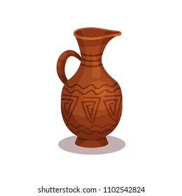 Flat vector icon of old clay jug with traditional ornament. Ancient ceramic amphora with handle and narrow neck